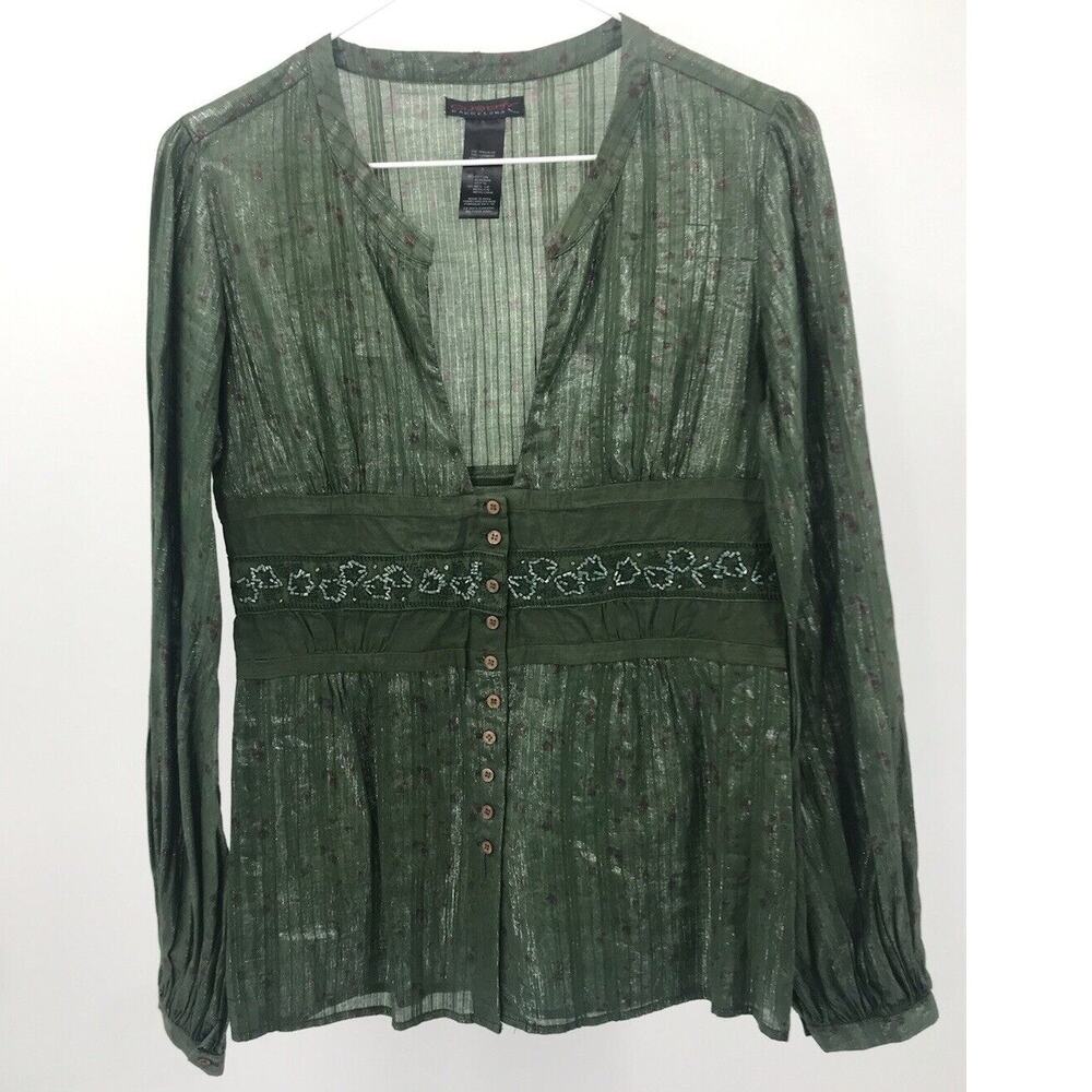 Custo Barcelona Green Split Neck Long Sleeve Button Down Beaded Blouse Size 1